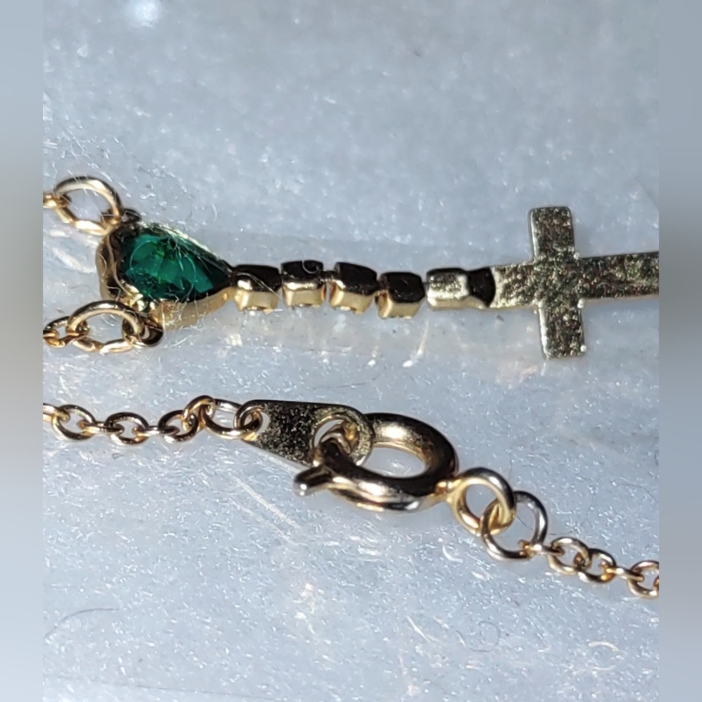 Emerald Green Heart + Connected Dangling Gold Cross Necklace - Picture 7 of 15